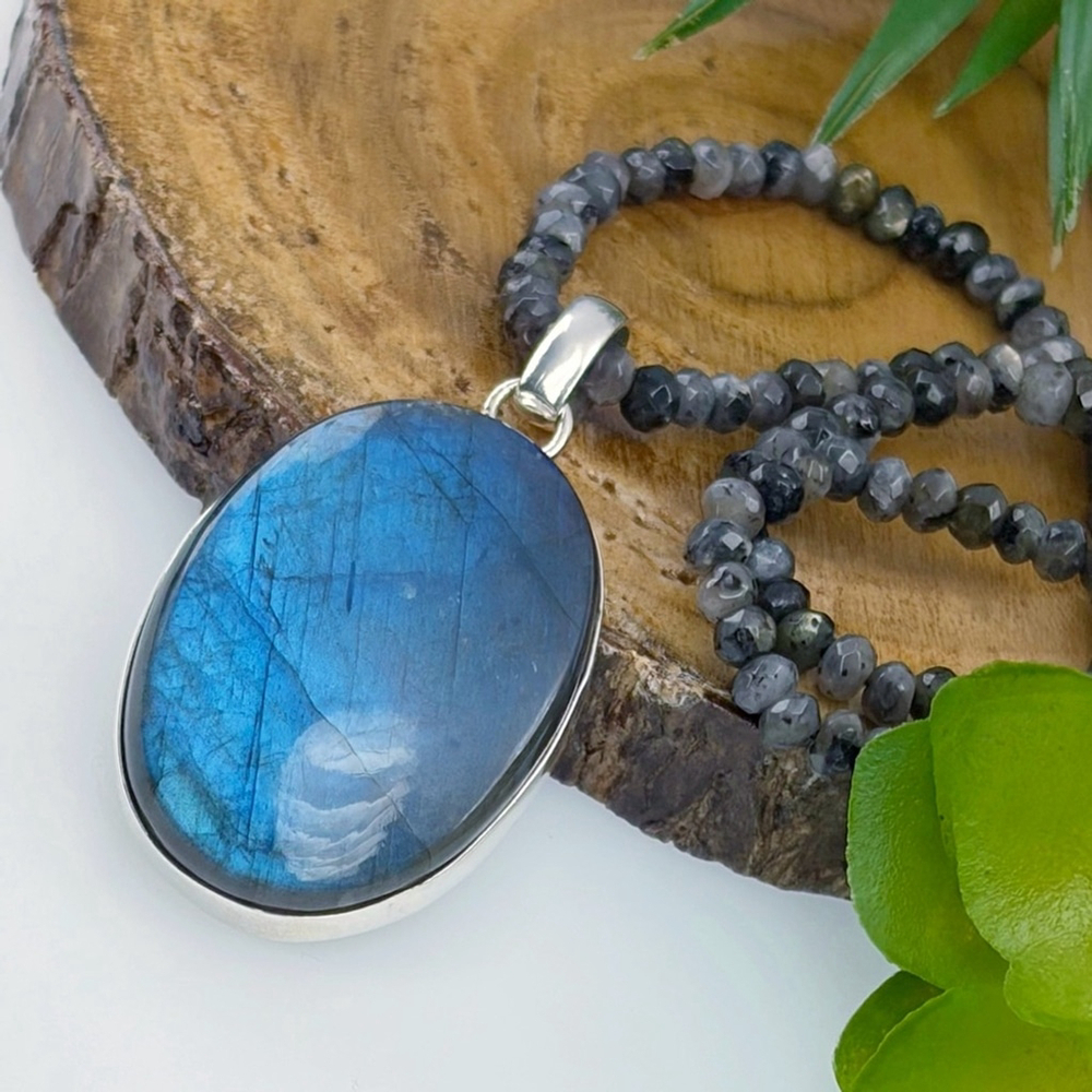 Blue Labradorite Pendant Moonstone Necklace Pure Sterling Silver 925 Boho New - Picture 4 of 9